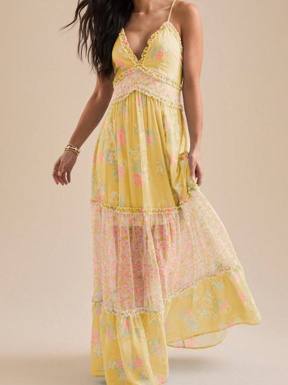 Light Yellow Boho Women's Floral Cami Sleeveless V-Neck Flowy A-Line Party Dress